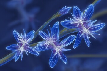 Poster - Blue flowers bloom in vibrant detail against a dark background during a tranquil afternoon in a garden