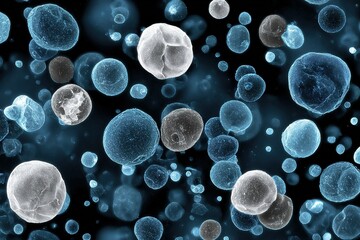 Poster - Microscopic view of diverse cells displaying a range of shapes and colors against a dark background