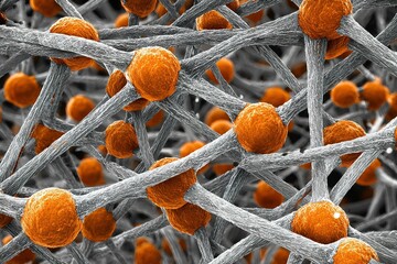 Poster - Detailed close-up view of a complex network of fibers and spheres showcasing cellular structures under a microscope