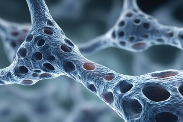 Poster - Complex network of cells displaying intricate structures and voids under a microscope