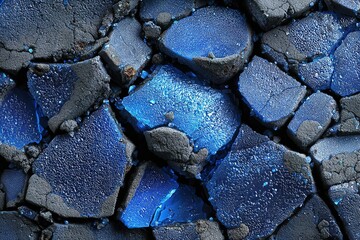 Poster - Colorful blue shattered glass fragments covered in water droplets on a dark surface
