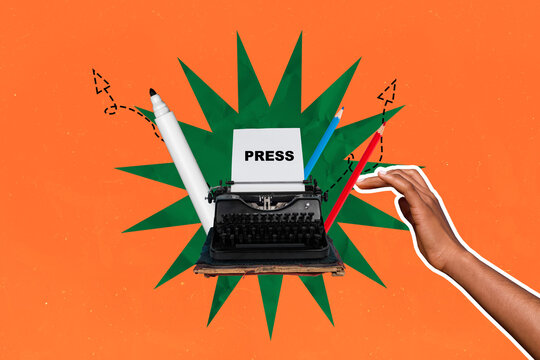 Art sketch image vertical collage of human hand press button novelist retro typewriter machine equipment pencil arrow pointer