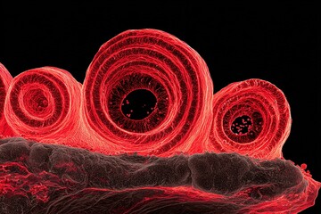 Poster - Magnified view of human cells showcasing intricate structures with vibrant red hues under a microscope