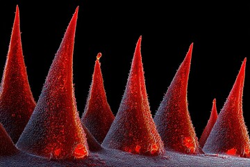 Poster - Microscopic view reveals striking red crystalline structures in sharp formation on a surface
