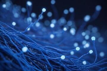 Fototapete - Intricate blue fibers with glowing tips creating a mesmerizing abstract background in a dark setting