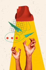 Aufkleber - Composite image montage 3D collage of comment dialogue bubble comic tag paper plane fly connection obsolete computer monitor hand catch