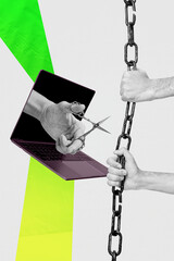 Aufkleber - Creative design composite trend artwork collage of netbook device display hand hold scissors cut metal chain online technology computer