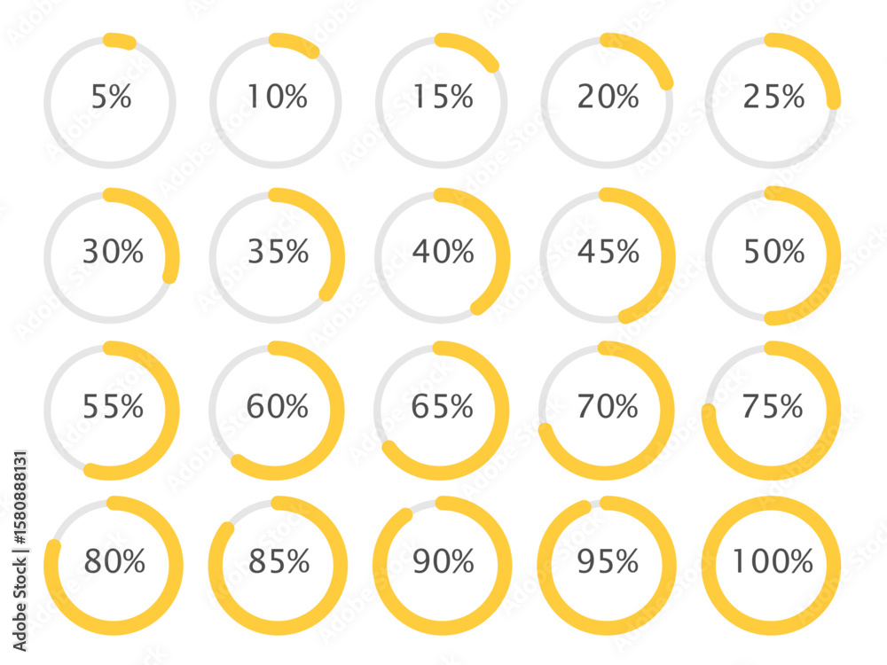 Yellow infographic pie charts. Loading data interface. Circle percent ...