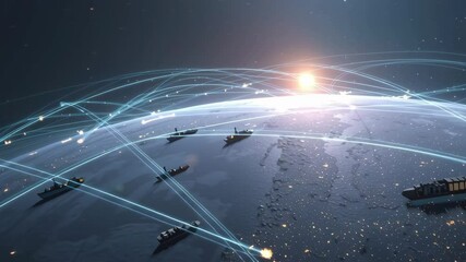 Aufkleber - Cargo ships traverse the globe, connected by digital networks. The scene illustrates international trade, emphasizing global connectivity and maritime logistics at dawn