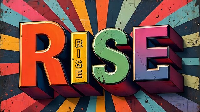 Ai generated image of bold 3d letters spelling rise are presented in vibrant colors against a retro sunburst background