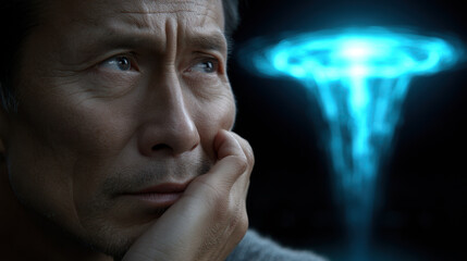 Poster - Thoughtful man gazes into distance with glowing blue holographic display in background