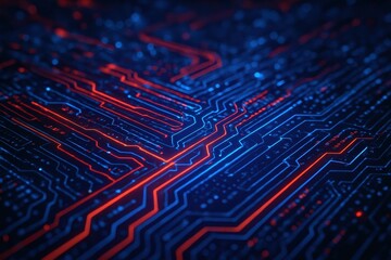 Aufkleber - Digital Pathways: An abstract, futuristic view of a sophisticated circuit board, with interconnected lines and a striking combination of vibrant blue and red hues.