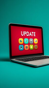 A modern vector illustration featuring a laptop with a bold 'UPDATE' circle and technology icons in a flat design style.