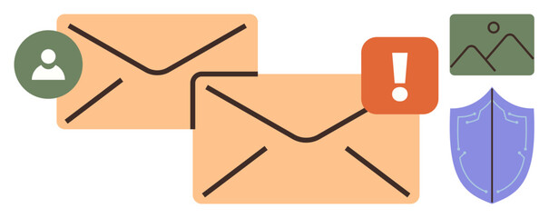 Poster - Two envelopes with an alert icon, a user symbol, an image thumbnail, and a security shield. Ideal for communication, email, notification, messaging, cybersecurity file sharing simple flat metaphor