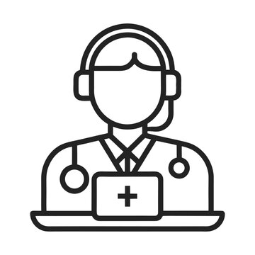 Telemedicine Line Icon – Online Healthcare Consultation Outline Vector Illustration