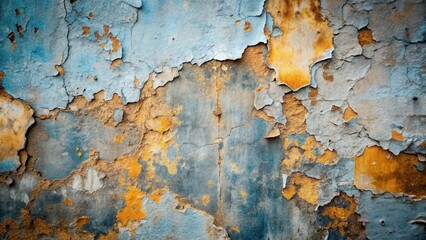 Poster - Abstract Texture of Aged Weathered Wall with Flaking Paint Showing Underlying Layers of Blue and Ochre