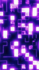 Poster - Glowing neon rectangles and squares arranged in a digital purple grid with a vibrant pixelated aesthetic