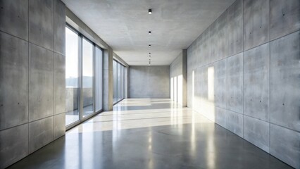 Poster - Sunlit Modern Empty Room with Concrete Walls and Floor, Large Windows Offering Panoramic View
