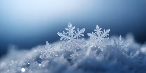 Macro photography of delicate and detailed snowflakes on a snowy surface with soft blue background.