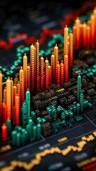 Poster - Colorful abstract cityscape made of glowing vertical bars resembling a financial chart, blending data visualization with architectural design