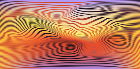 Poster - Vector illustration features a minimalist abstract design with vibrant, wavy lines creating a 3D effect. Colors include orange, pink, yellow, purple, forming dynamic, curved shapes.