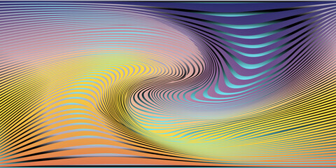 Poster - Vector illustration features a minimalist abstract design with vibrant, wavy lines creating a 3D effect. Colors include orange, pink, yellow, purple, forming dynamic, curved shapes.