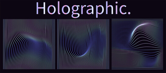 Poster - Modern vector illustration features abstract holographic lines in pastel gradients, creating a futuristic, wavy effect. The minimalist design uses flowing, iridescent curves and dark backgrounds.