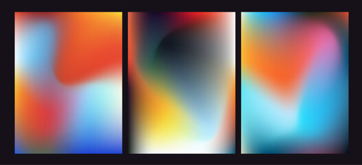 Aufkleber - Vector illustration showcases a triptych of minimalist abstract designs with smooth, blended gradients. The style is modern and ethereal, with a vibrant theme. Colors include red, orange, blue.