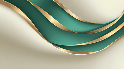 Poster - Luxury golden line on cream background with glowing emerald green. Elegant realistic 3d paper cut style. Vector illustration about soft and beautiful feeling. Stock Vector