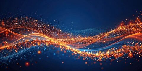 Poster - Abstract Glowing Particle Waves A Dynamic Digital Composition of Shimmering Blue and Orange Hues