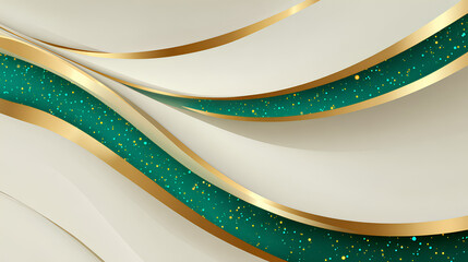 Poster - Luxury golden line on cream background with glowing emerald green. Elegant realistic 3d paper cut style. Vector illustration about soft and beautiful feeling. Stock Vector