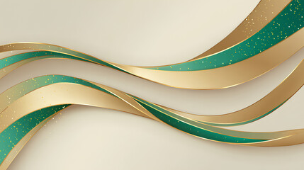Poster - Luxury golden line on cream background with glowing emerald green. Elegant realistic 3d paper cut style. Vector illustration about soft and beautiful feeling. Stock Vector