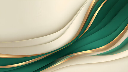 Poster - Luxury golden line on cream background with glowing emerald green. Elegant realistic 3d paper cut style. Vector illustration about soft and beautiful feeling. Stock Vector
