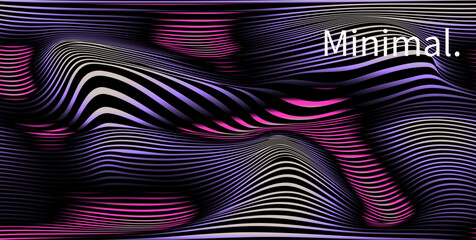 Poster - Vector illustration features a minimalist abstract design with wavy, flowing lines creating a 3D effect. The style is modern and geometric, with a futuristic theme. Black, purple, pink curved shapes.
