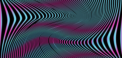 Poster - Vector illustration features a minimalist abstract design with dynamic, wavy lines creating a 3D effect. The style is modern and futuristic, with a vibrant theme. Colors include black, pink, cyan.