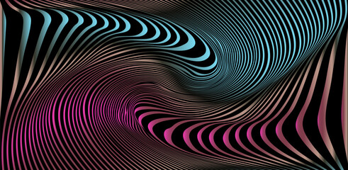 Poster - Vector illustration features a minimalist abstract design with dynamic, wavy lines creating a 3D effect. The style is modern and futuristic, with a vibrant theme. Colors include black, pink, cyan.