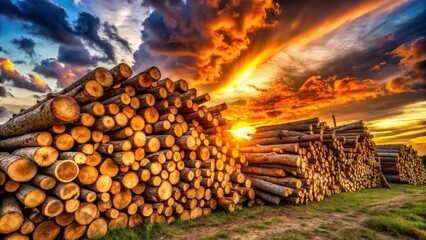 Poster - Sunset Timber Stacks A Serene View of Harvested Wood at Golden Hour