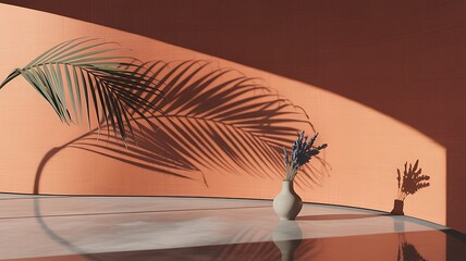 Poster - Minimalist interior with palm leaf shadow and lavender architectural rendering