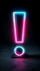 Poster - Glowing neon exclamation marks standing on dark concrete, radiating vibrant pink, blue, orange, and yellow hues against black backdrop