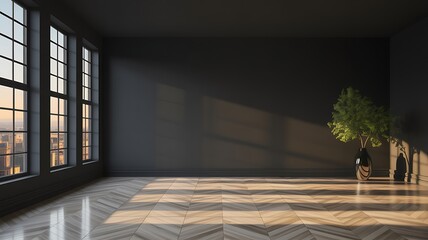 Poster - Modern interior with large windows and plant minimalist empty