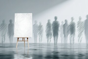 Poster - Art easel with an abstract canvas in a gallery surrounded by ethereal shadows of onlookers during an exhibition