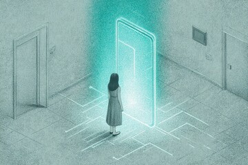 Poster - Woman stands in a futuristic room with a glowing door surrounded by circuit patterns