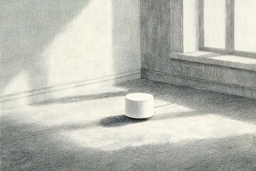 Poster - Soft light filters through a window onto a solitary round object on the floor in a quiet, minimal room
