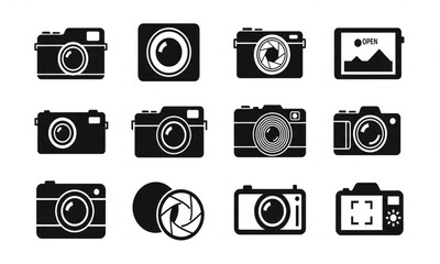 Fototapete - Camera Icon Set - Black and White Photographic Equipment for Photography Marketing, Blogs, Websites