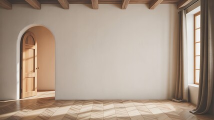 Poster - Sunlit room with arched doorway and wooden floor interior sunlight