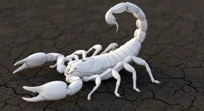 A detailed white scorpion model showcases its segmented body, powerful claws, and curved tail, set against a cracked earth surface, highlighting its unique anatomy and design.