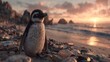 © pathiphan - Lonely Penguin Amidst Plastic Waste at Sunrise Beach