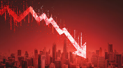 Poster - Red arrow graph, business stock market investment down fall direction loss stock market crash 2026 Stock Illustration