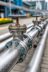 Poster - Industrial metal valve with wet surface on pipeline in outdoor facility, showing detailed bolts and mechanical parts