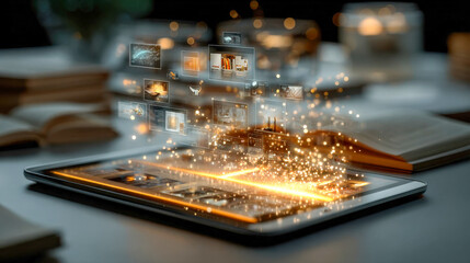 Poster - Futuristic glowing tablet with holographic data interfaces and illuminated circuits